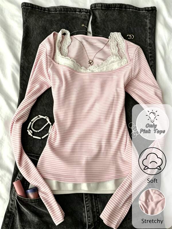 IslaSuriya Women's Coquette Pink Striped Long Sleeve Top Balletcore Square Collar Layered Tee Cute Y2K Aesthetic Slim Fit Stretchy Blouse