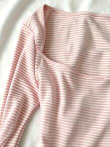 IslaSuriya 女款 Coquette 粉色條紋長袖上衣 Balletcore 方領分層 T-shirt 可愛 Y2K 風格修身彈性襯衫 - 彩色 - 查看 5