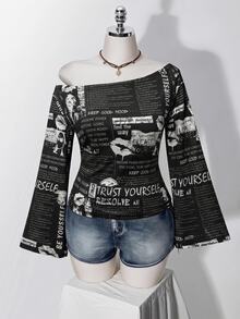 SHEIN ICON 復古海報印花大尺碼女款不對稱肩長袖T恤 秋季 - 彩色 - 查看 3