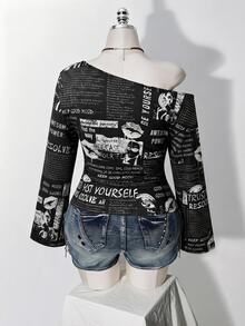 SHEIN ICON 復古海報印花大尺碼女款不對稱肩長袖T恤 秋季 - 彩色 - 查看 2