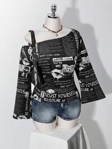 SHEIN ICON 復古海報印花大尺碼女款不對稱肩長袖T恤 秋季 - 彩色 - 查看 5