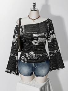 SHEIN ICON 復古海報印花大尺碼女款不對稱肩長袖T恤 秋季 - 彩色 - 查看 1