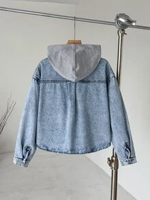 SHEIN 青少年女孩 Y2K 藍色丹寧拼接灰色針織連帽寬鬆長袖夾克 - 藍色 - 查看 2