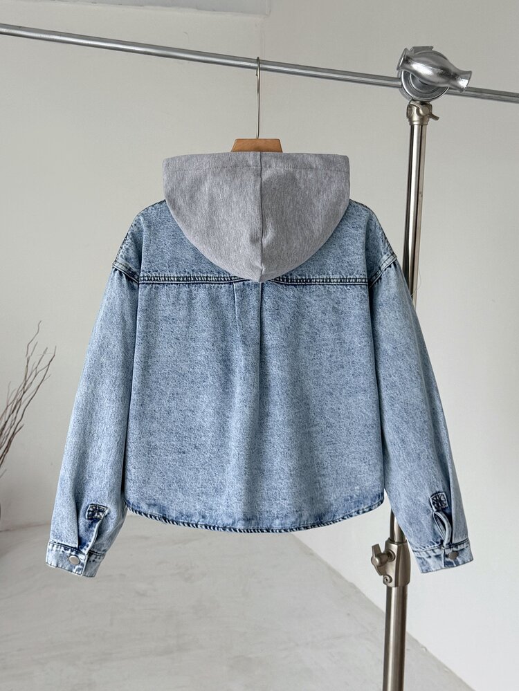 SHEIN Teen Girl Y2k Blue Denim Patchwork With Grey Knitted Hood Loose-Fitting Long-Sleeved Jacket - Blue - View 2