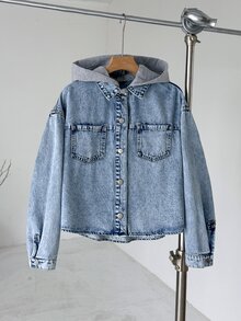 SHEIN 青少年女孩 Y2K 藍色丹寧拼接灰色針織連帽寬鬆長袖夾克 - 藍色 - 查看 7