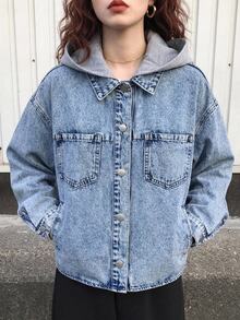 SHEIN 青少年女孩 Y2K 藍色丹寧拼接灰色針織連帽寬鬆長袖夾克 - 藍色 - 查看 1