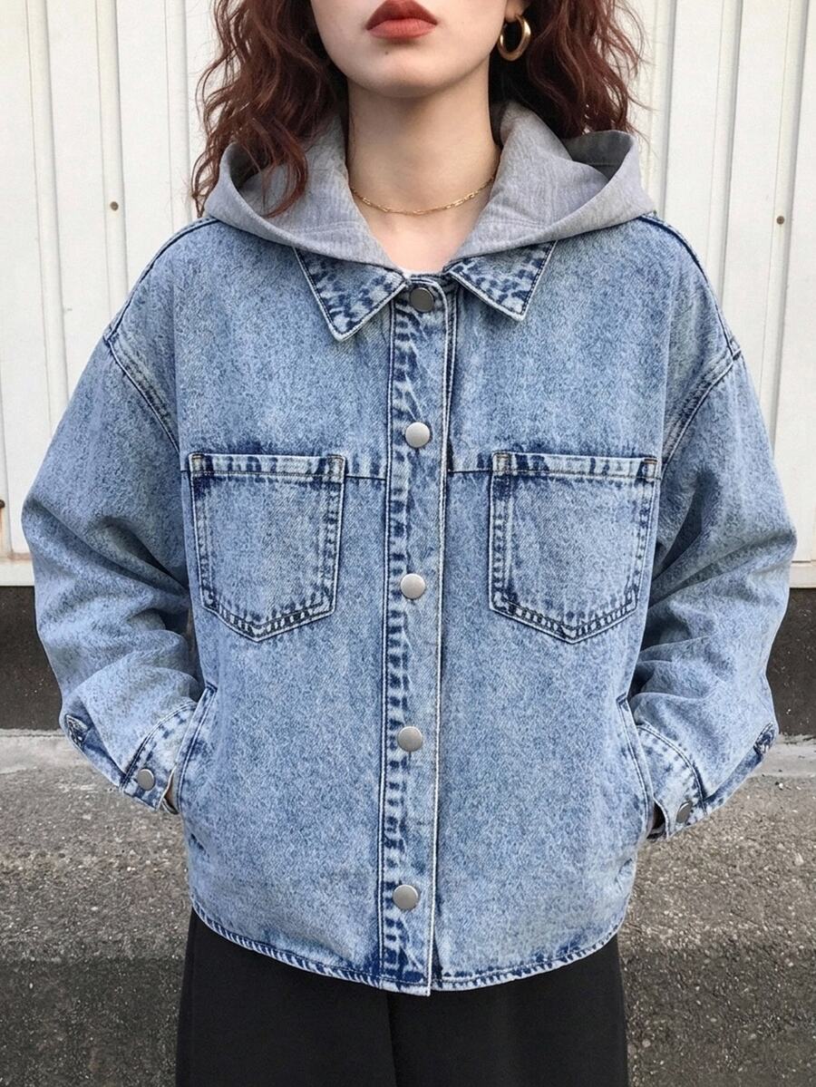 SHEIN 青少年女孩 Y2K 藍色丹寧拼接灰色針織連帽寬鬆長袖夾克 - 藍色 - 查看 1