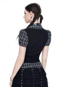 ROMWE Goth 复古哥特格子拼接二合一女式衬衫上衣，返校夏季款 - 黑色 - 查看 2