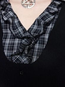 ROMWE Goth 复古哥特格子拼接二合一女式衬衫上衣，返校夏季款 - 黑色 - 查看 3