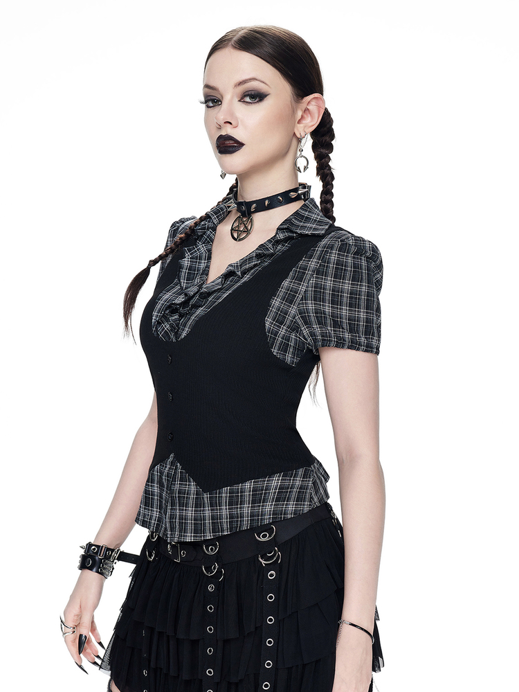 ROMWE Vintage Gothic Plaid Patchwork 2 In 1 Women Shirt Top, Back To School Summer - Black - View 4