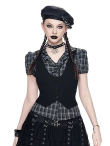 ROMWE Goth 复古哥特格子拼接二合一女式衬衫上衣，返校夏季款 - 黑色 - 查看 6