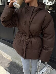 Livesso Women's Solid Color Hooded Casual Versatile Winter Padded Coat Jacket - Coffee Brown - View 3