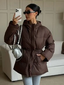 Livesso Women's Solid Color Hooded Casual Versatile Winter Padded Coat Jacket - Coffee Brown - View 5