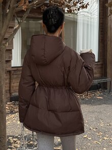 Livesso Women's Solid Color Hooded Casual Versatile Winter Padded Coat Jacket - Coffee Brown - View 2