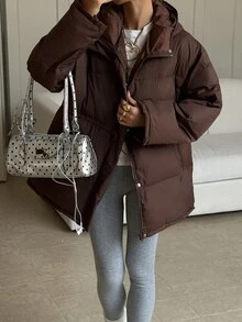 Livesso Women's Solid Color Hooded Casual Versatile Winter Padded Coat Jacket - Coffee Brown - View 4