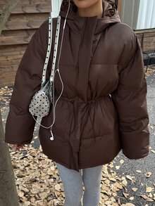 Livesso Women's Solid Color Hooded Casual Versatile Winter Padded Coat Jacket - Coffee Brown - View 6