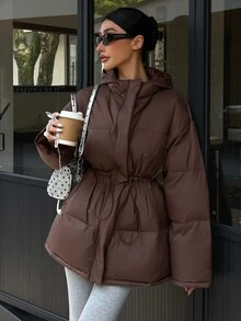 Livesso Women's Solid Color Hooded Casual Versatile Winter Padded Coat Jacket - Coffee Brown - View 1