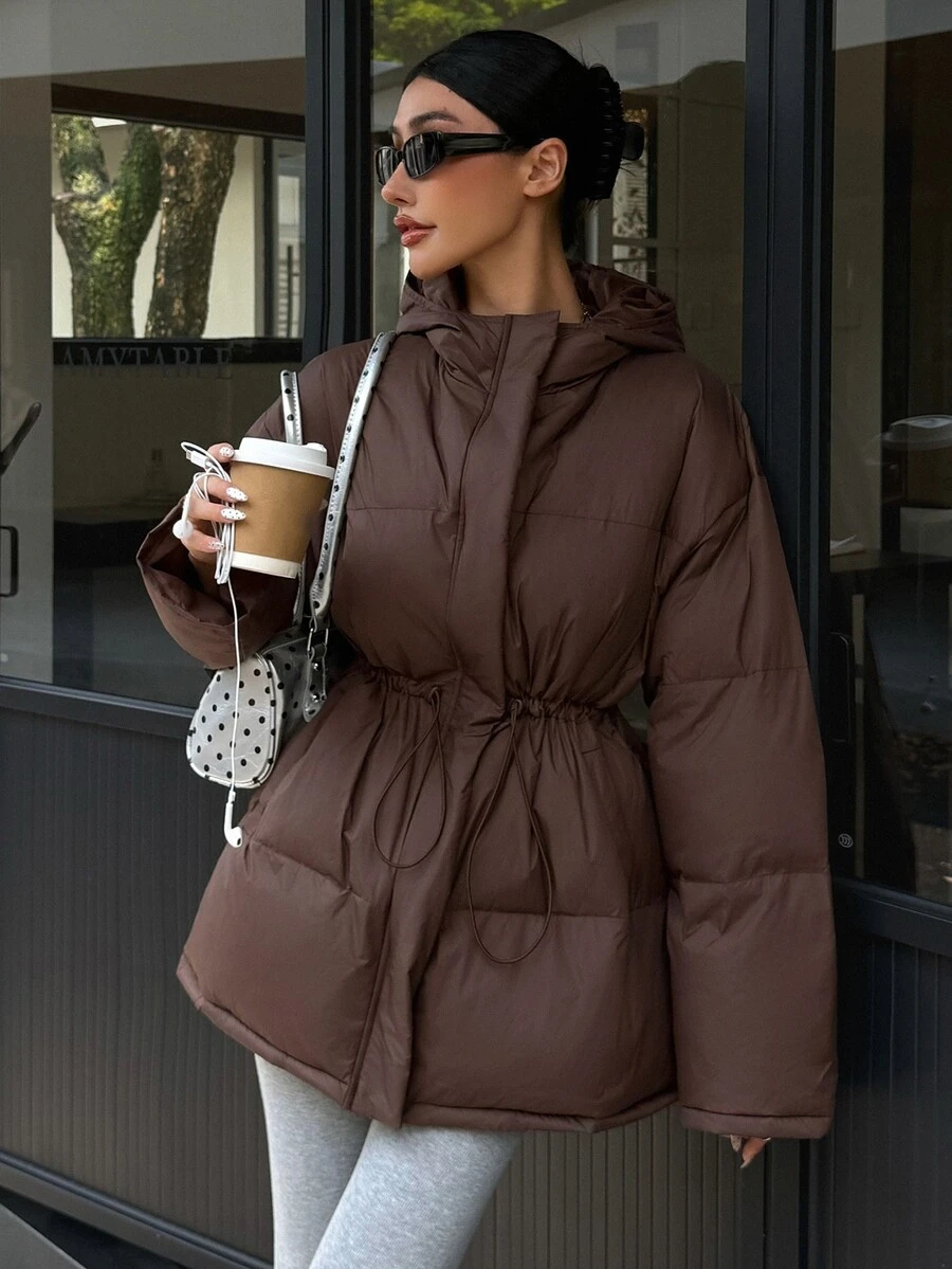 Livesso Women's Solid Color Hooded Casual Versatile Winter Padded Coat Jacket - Coffee Brown - View 1