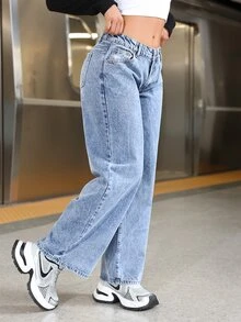 SHEIN PETITE 休閒街頭風水洗低腰直筒牛仔褲 Y2K，小個女款日常淺藍色夏季校園穿搭 - 藍色 - 查看 4