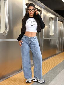 SHEIN PETITE 休閒街頭風水洗低腰直筒牛仔褲 Y2K，小個女款日常淺藍色夏季校園穿搭 - 藍色 - 查看 6