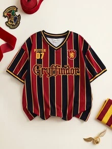 HARRY POTTER X SHEIN Tween Boy V-Neck Striped Letter Print Casual Versatile Daily Short Sleeve T-Shirt - Multicolor - View 3