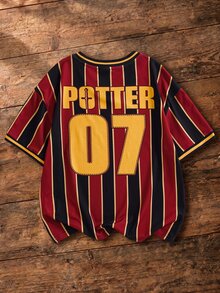 HARRY POTTER X SHEIN Tween Boy V-Neck Striped Letter Print Casual Versatile Daily Short Sleeve T-Shirt - Multicolor - View 2