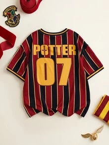 HARRY POTTER X SHEIN Tween Boy V-Neck Striped Letter Print Casual Versatile Daily Short Sleeve T-Shirt - Multicolor - View 9