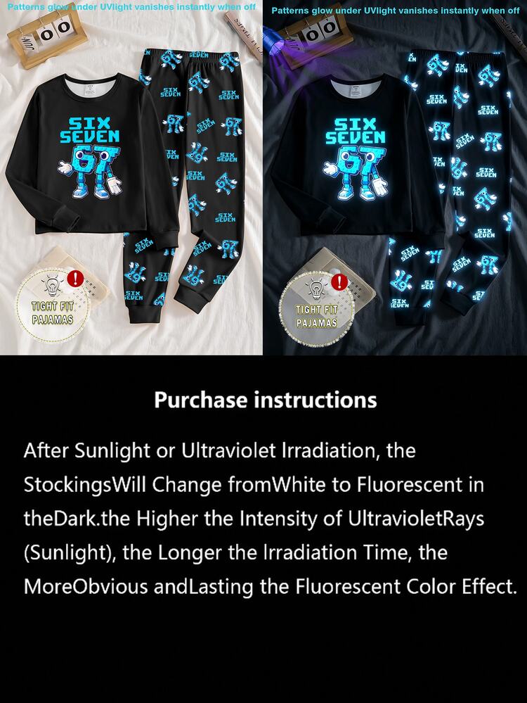 Tween Boys Pajamas 2-Piece Set, Autumn/Winter New Glow-In-The-Dark UV Reactive 67 Number Graphic Top With All-Over Print Pants, High Elasticity Crew Neck Long Sleeve Tight Fit Loungewear, 1 Set, Size Runs Small, Please Order One Size Up - Multicolor - View 4