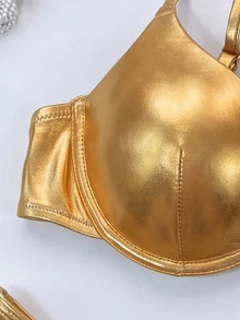 SHEIN Swim 2件組泳衣套裝，閃亮金色亮片胸罩支撐聚攏比基尼，亮面特殊面料分體式泳衣，適合夏季、70年代復古度假、派對、海灘度假 - 金色 - 查看 5