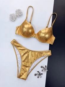 SHEIN Swim 2件組泳衣套裝，閃亮金色亮片胸罩支撐聚攏比基尼，亮面特殊面料分體式泳衣，適合夏季、70年代復古度假、派對、海灘度假 - 金色 - 查看 4