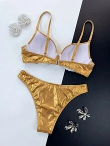 SHEIN Swim 2件組泳衣套裝，閃亮金色亮片胸罩支撐聚攏比基尼，亮面特殊面料分體式泳衣，適合夏季、70年代復古度假、派對、海灘度假 - 金色 - 查看 3
