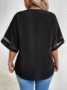 EMERY ROSE Plus Size Contrast Color Lace V-Neck Blouse, Summer - Black - View 2