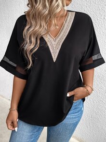 EMERY ROSE Plus Size Contrast Color Lace V-Neck Blouse, Summer - Black - View 7