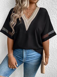 EMERY ROSE Plus Size Contrast Color Lace V-Neck Blouse, Summer - Black - View 6