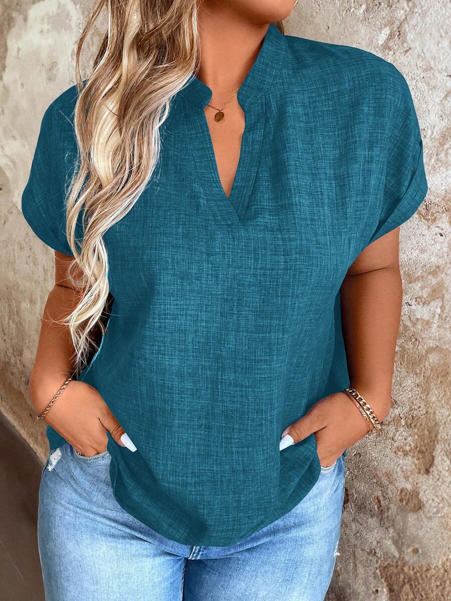EMERY ROSE Plus Size Plain V-Neck Short Sleeve Simple Casual Shirt - Blue - View 1