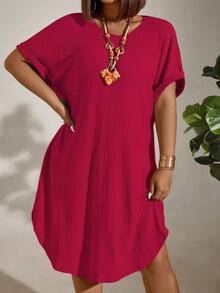 EMERY ROSE Plus Size Women's Solid Color Round Neck Short Sleeve Straight Loose Casual Dress - Hot Pink - View 4