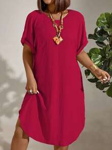 EMERY ROSE Plus Size Women's Solid Color Round Neck Short Sleeve Straight Loose Casual Dress - Hot Pink - View 1