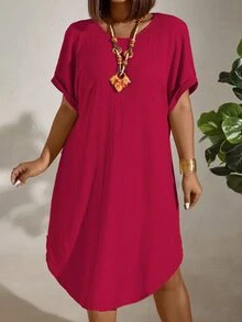 EMERY ROSE Plus Size Women's Solid Color Round Neck Short Sleeve Straight Loose Casual Dress - Hot Pink - View 6