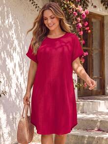EMERY ROSE Plus Size Women's Solid Color Round Neck Short Sleeve Straight Loose Casual Dress - Hot Pink - View 3