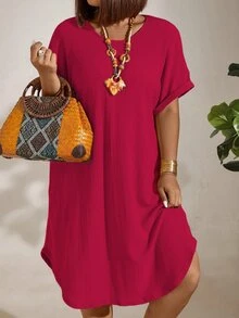 EMERY ROSE Plus Size Women's Solid Color Round Neck Short Sleeve Straight Loose Casual Dress - Hot Pink - View 7