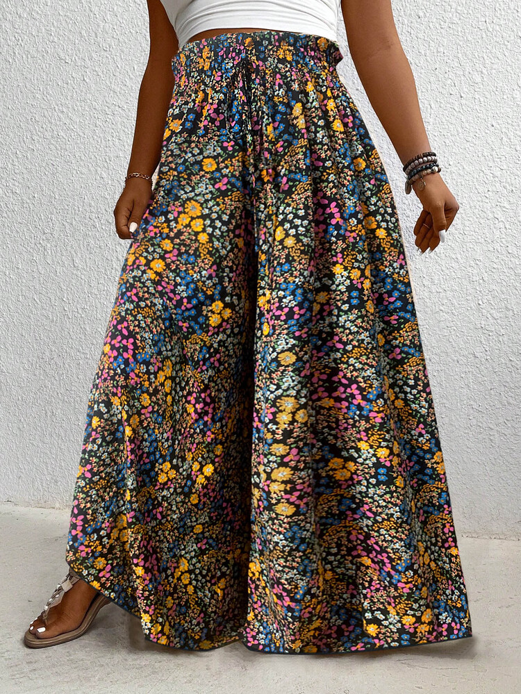 EMERY ROSE Plus Size Floral Printed Wide Leg Casual Vacation Pants Fall Cloth For Women - Multicolor - View 4