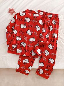 HELLO KITTY AND FRIENDS | SHEIN Tween Girl Cartoon Cute Pattern Print Long Sleeve Top And Pants Loungewear Set Festival Outfits Winter Fall Cardigan - Red - View 3