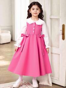 SHEIN 女童春秋季复古学院风梭织连衣裙，配3D蝴蝶结，粉色；女童白色蕾丝边彼得潘领长袖连衣裙，适合返校穿着，甜美优雅，适合女孩上学、郊游、旅行、拍照、参加派对等场合；女童粉色连衣裙；女童粉色长袖连衣裙；女童优雅连衣裙；女童带口袋连衣裙；女童粉色秋季连衣裙；女童长袖连衣裙；女童翻领连衣裙；女童粉色蝴蝶结连衣裙；女童粉色蝴蝶结秋冬连衣裙 - 彩色 - 查看 3