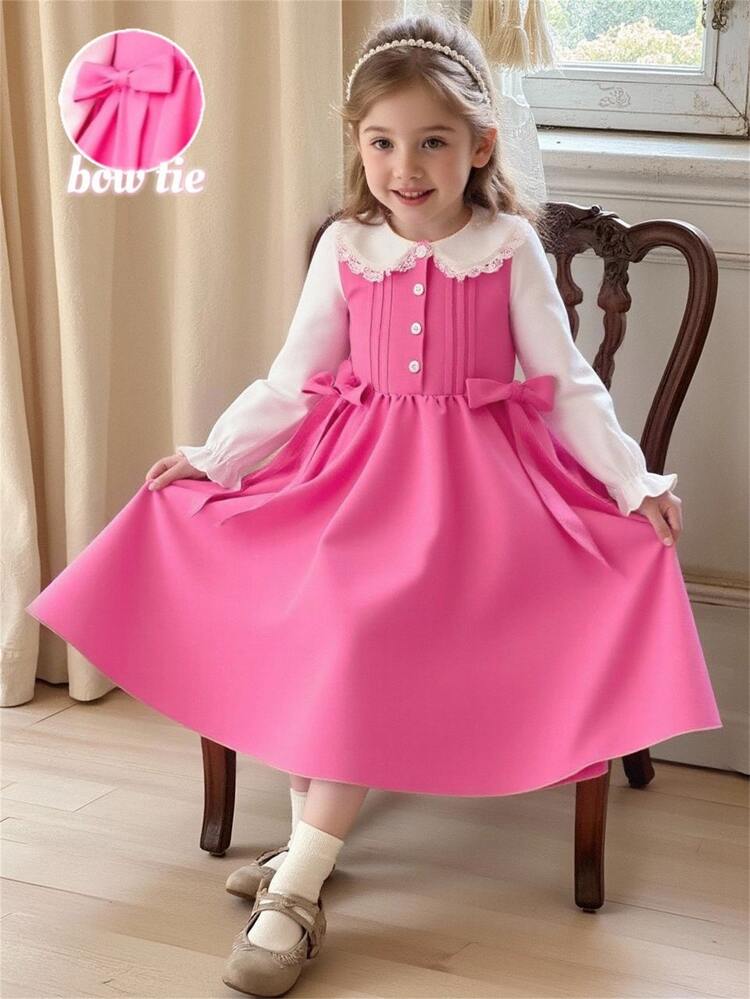 SHEIN Girls Back To School Essential Pink  Elegant Exquisite Lace Trim Bow Full Skirt Dress  Blush Pink Dress With 3D Bow Holiday Outfits Fall Clothes - Multicolor - View 1