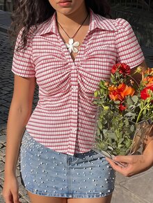 SHEIN MOD 大尺碼女式襯衫 紅白配色 夏季休閒 1920年代復古 80年代風格 適合早午餐 正式場合 約會之夜 - 淺粉色 - 查看 6