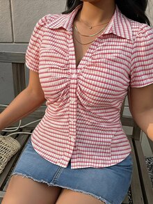 SHEIN MOD 大尺碼女式襯衫 紅白配色 夏季休閒 1920年代復古 80年代風格 適合早午餐 正式場合 約會之夜 - 淺粉色 - 查看 7