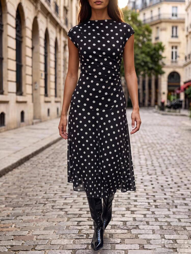 Maija Women's Black White Polka Dot Semi Sheer Flared Hem Midi Dress Round Neck Short Sleeve A Line Summer Vintage Tea Party Casual Autumn - Black - View 1