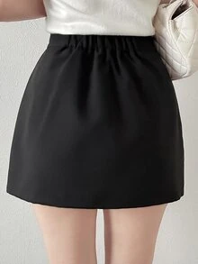 FRIFUL Women's Early Autumn New Korean Short Slimming Side Slit Versatile Skirt Cute Tops - Black - View 2