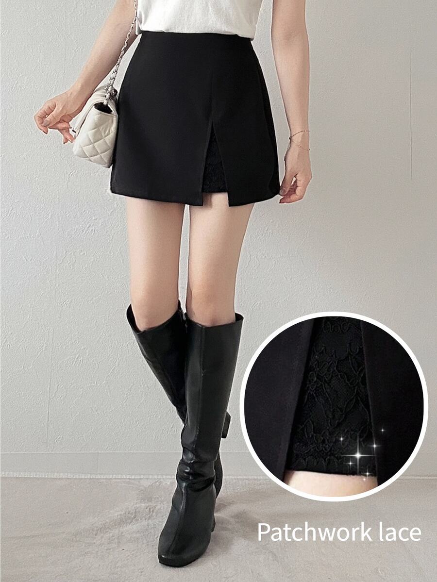 FRIFUL Women's Early Autumn New Korean Short Slimming Side Slit Versatile Skirt Cute Tops - Black - View 1