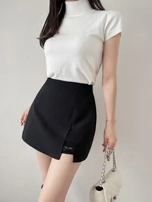 FRIFUL Women's Early Autumn New Korean Short Slimming Side Slit Versatile Skirt Cute Tops - Black - View 4